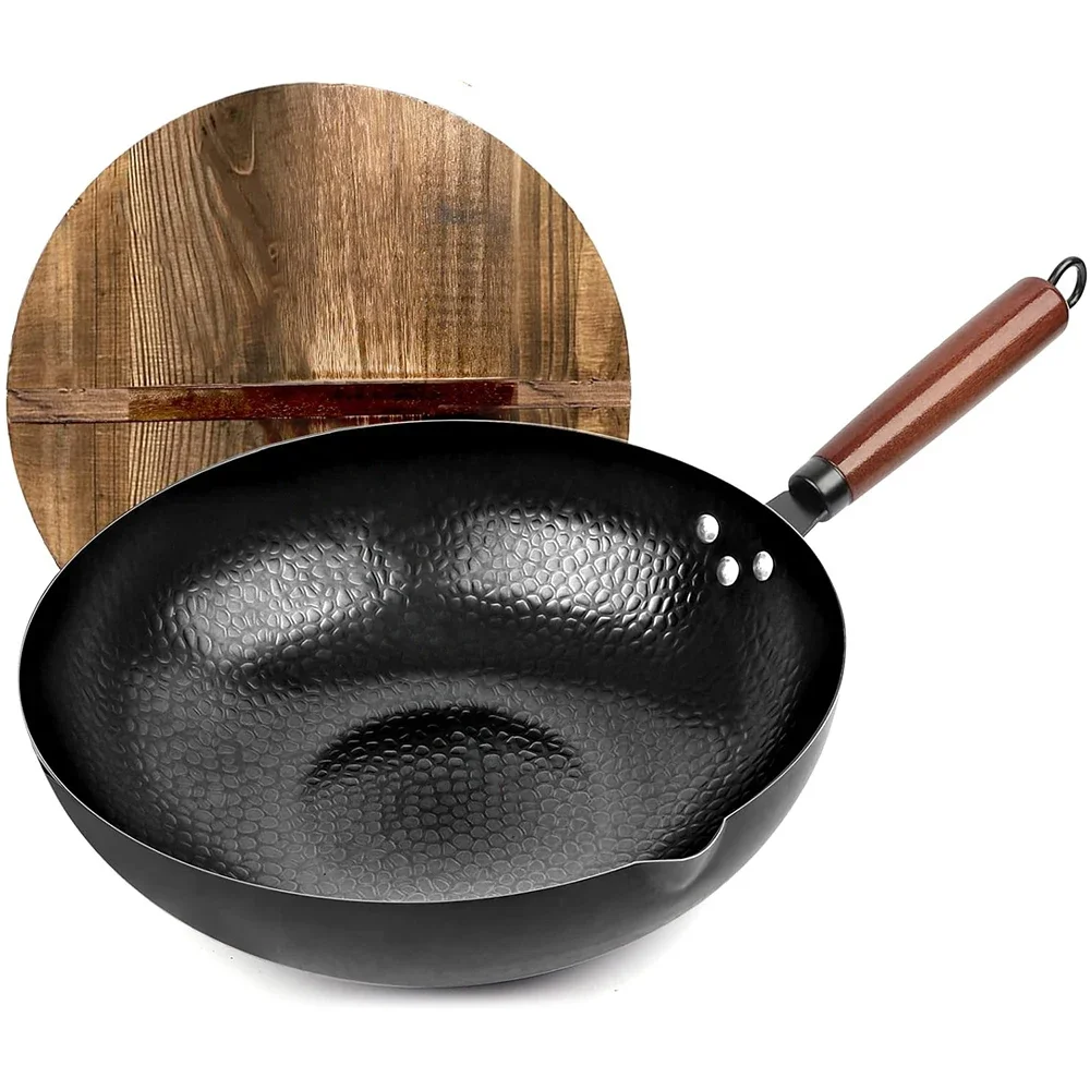 Carbon Steel Wok Pan 32cm Woks & Stir-Fry Pans No Chemical Coated Flat Bottom Chinese Woks Pan for Induction Gas All Stoves