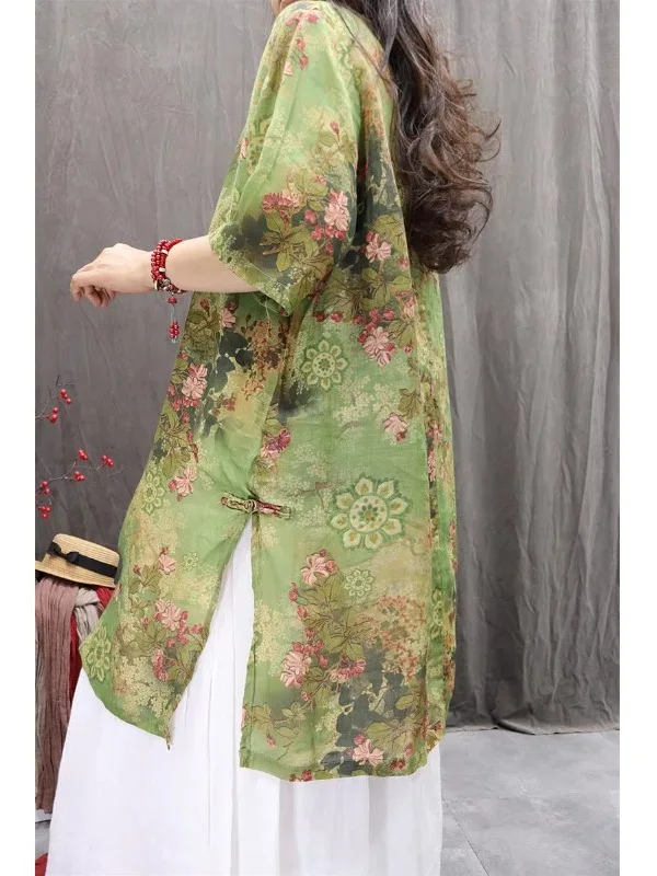 2025年レトロサマー ルーズフィット リネンシャツ プリント入り 軽量 通気性 ミディ丈トップス アシンメトリーヘムライン レディース ビジネスカジュアルシャツ