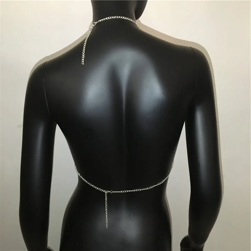 FestivalQueen Metallic Chain Detail Backless Halter Top Sexy Split Front Crop Club Wear Top Women's Clothing