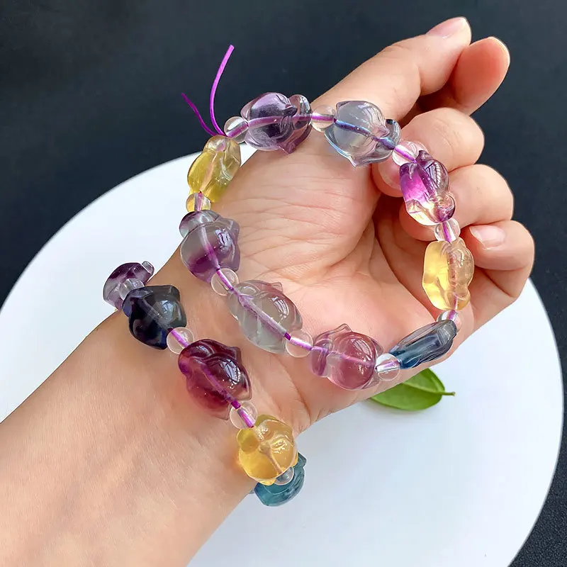 

Genuine Natural Colorful Fluorite Carved Fox Bracelet 18x13mm Clear Beads Crystal Purple Fluorite 14x14mm Women Men AAAAA