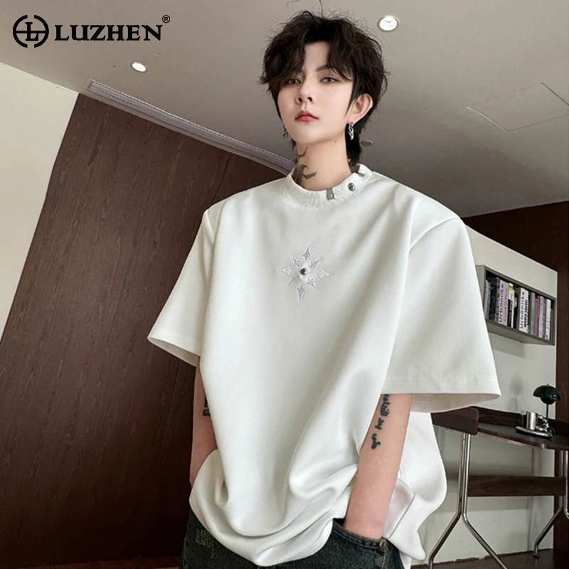 LUZHEN Metal Decorate Embroidery Design Trendy Short Sleeved T Shirts Original Personality Trendy Street Korean Men Tops LZ3189