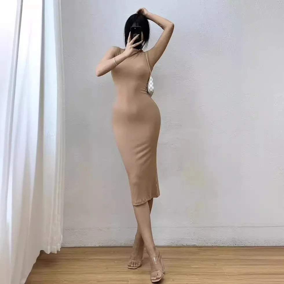

7770 Half Turtleneck 14 Gauge High Twist Core Spun Yarn Sleeveless Regular Shoulder Slim Fit Over-The-Knee Tank Inner Dress