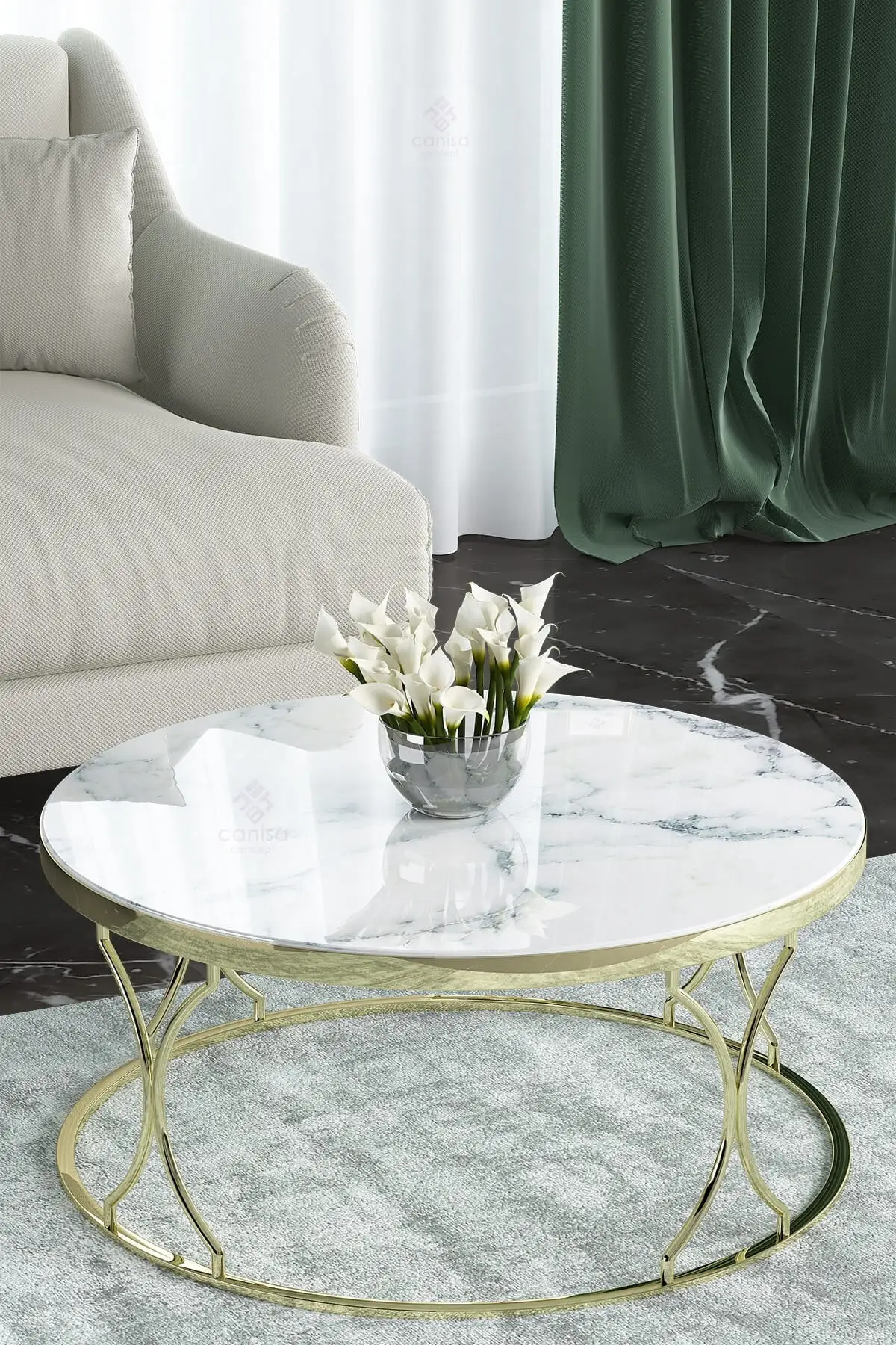 Canisa Leyla Series Tempered Glass pcs set Zigon Coffee Table Set And Medium Coffee Table/White Marble Pattern-Gold