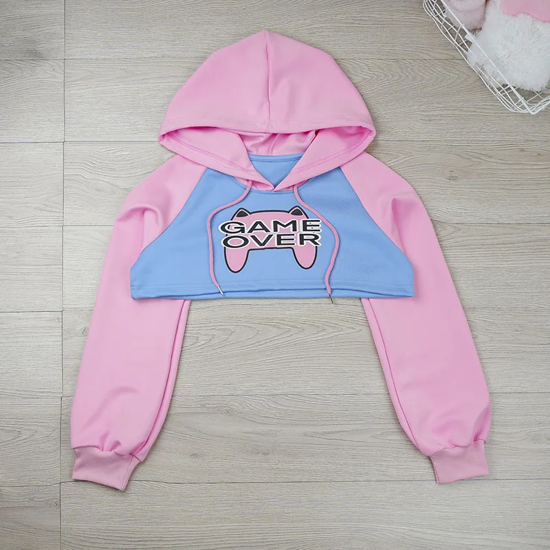 เกม Over Anime สาวสีชมพูสั้น Hoodie Crop Top แขนยาวฮาโลวีนคอสเพลย์เครื่องแต่งกายชุดชั้นใน Nightgown นักเรียนชุด