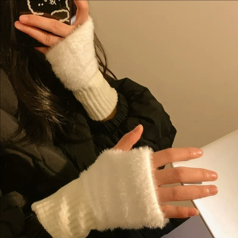 Winter Plush Half Fingered Gloves Women Warmth Mink Fleece Soft High Quality Solid Color Arm Sleeve Fingerless Glove Accessories