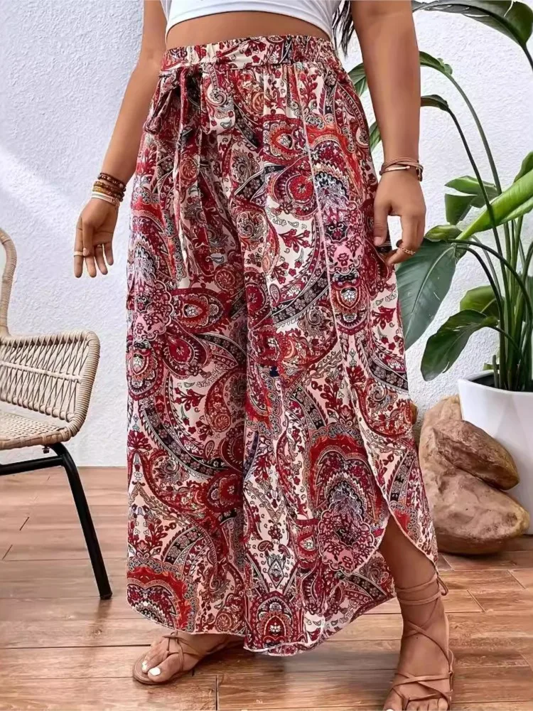 Plus Size Bohemian Style Summer Wide Leg Pant Women Geometric Print Fashion Ladies Trousers Loose Casual Pleated Woman Pants