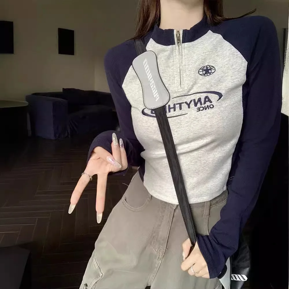 2026 Y2K Cotton Positive Shoulder Slim Slim Letter Zipper Long Sleeve Short Clash Comfortable Casual Standing Collar Top