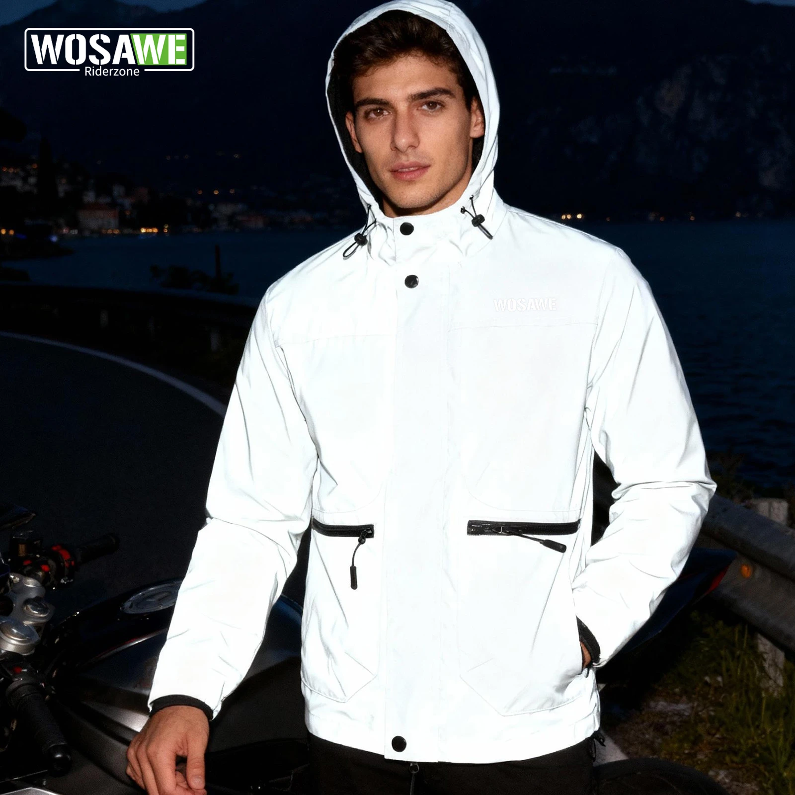 WOSAWE Night Reflective Motorcycle Jackets Double Fabric Windbreaker Hooded Jacket Men Hip Hop Dancer Zipper Moto Coats Outwear