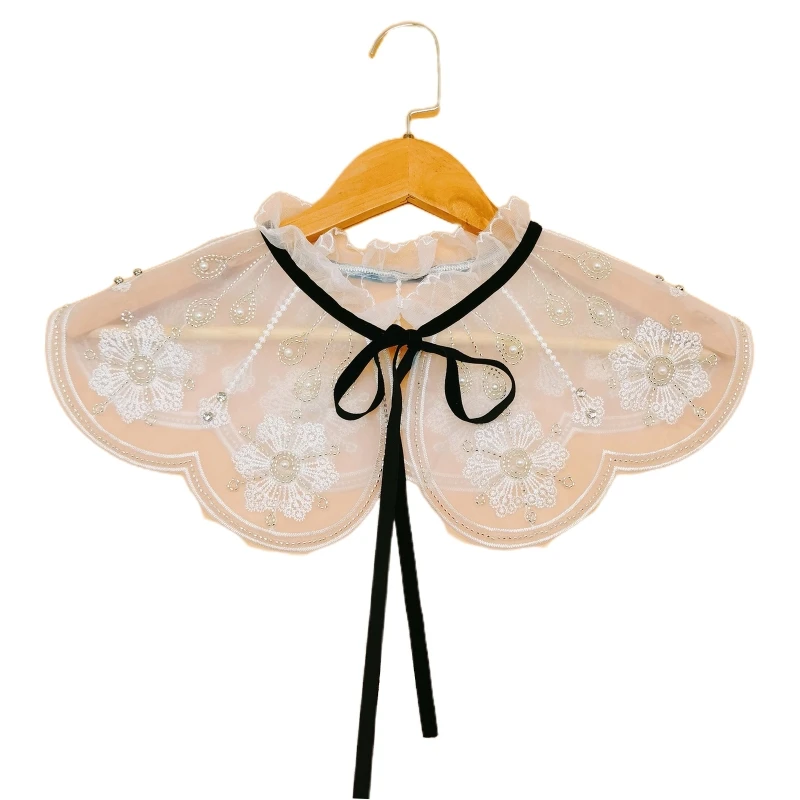 Women Elegant Frill Ruffled False Collar Shawl Scarf Lace-Up Ribbon Bow Necklace Faux Pearl Beaded Embroidery Floral Capelet