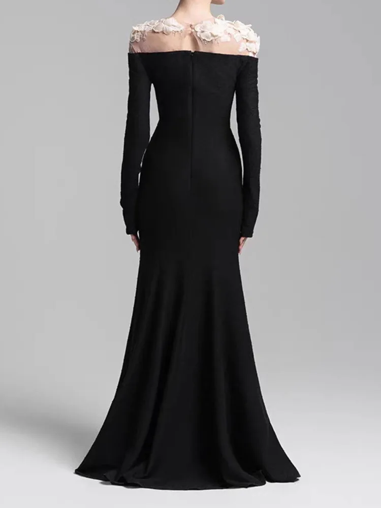 DFDG Vestido largo con textura y apliques florales de diseñador para mujer, elegante vestido de fiesta de Boutique con cintura adelgazante para noche, primavera y otoño, 2025