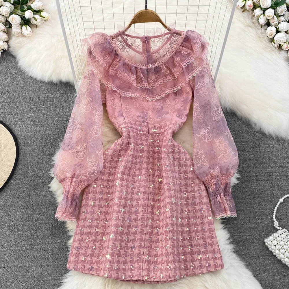 

Ele round Ne Lace Splice Long Sve A-Line Dr Glitter Knit Gauze Dr Korean Sle High Waist Midi Dr