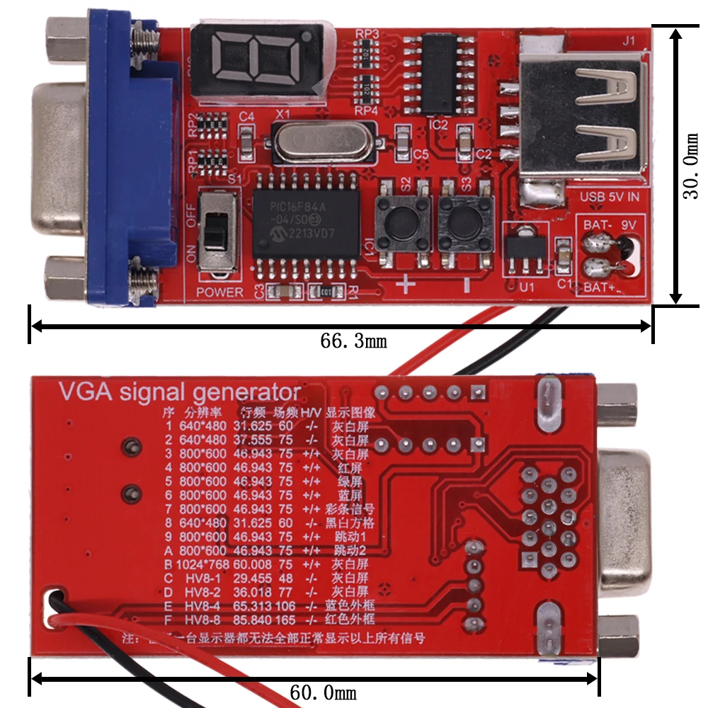 LED digital VGA Signal Generator LCD Tester 15 Different Signals Output USB Battery Dual Power Supply DC 9V Module