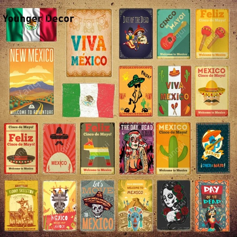 Mexican Travel Poster Mexico Flag Metal Tin Signs Feliz Cinco De Mayo Maya Viva Wall Sticker Bar Pub Club Home Decor YI-173