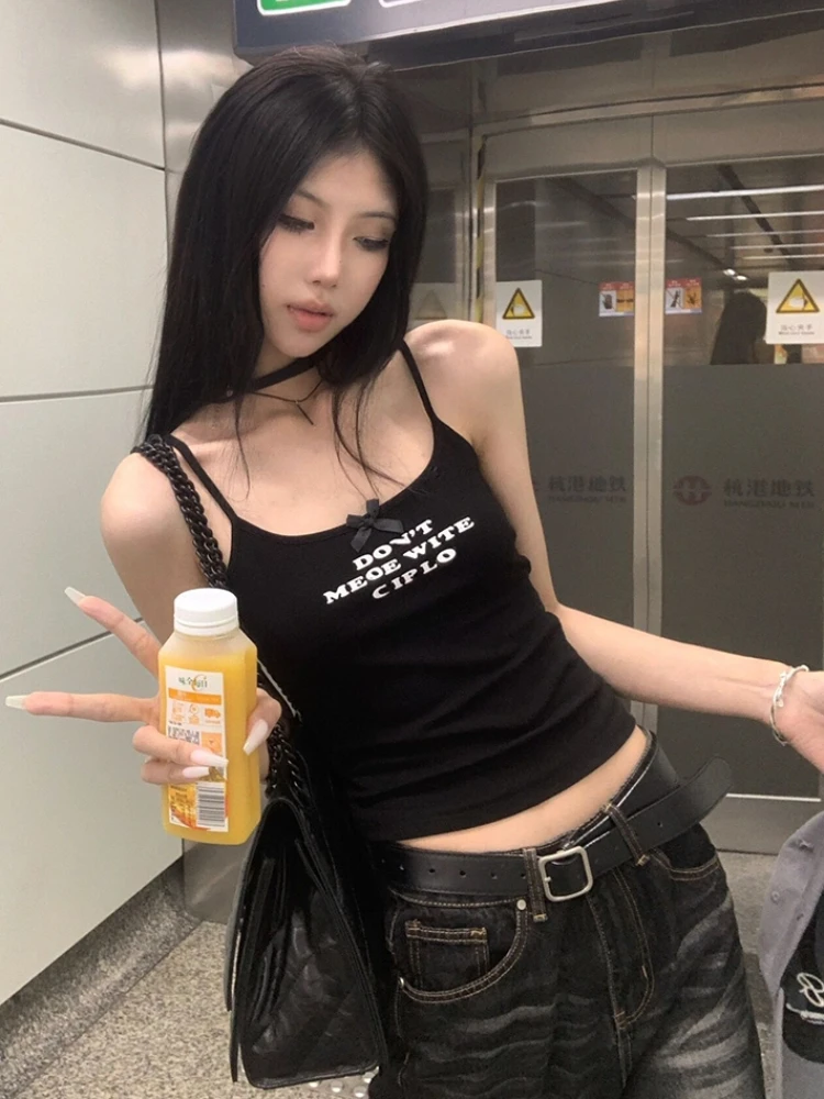 Black Y2k Aesthetic Sexy Letter Print Camisole Slim Chic Trendy Streetwear Fashion Crop Top All Match Vintage Casual Tanks Women