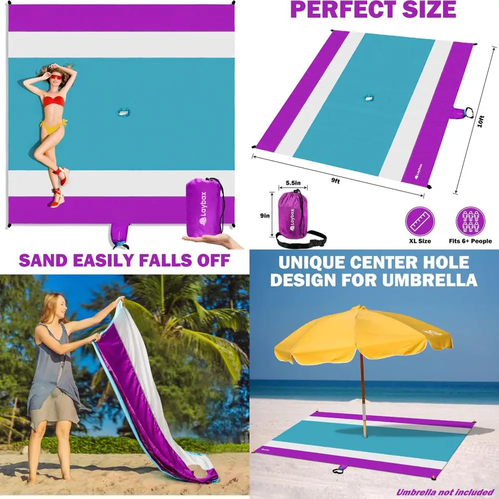 

Waterproof and Sand-Resistant Beach Blanket, 10x9 Feet, with Umbrella Hole, Compact, Lightweight, Includes Carry Bag and 4 Sand