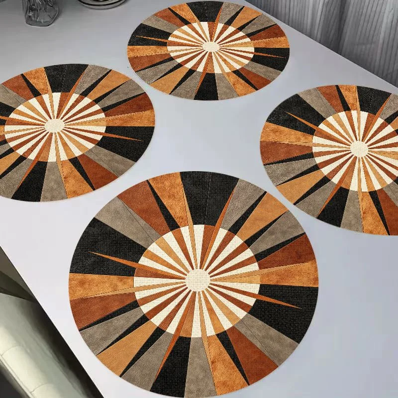 VIKAMA New Chinese Ink Gilded Jadeite Bamboo Round Linen Placemats, Heat Resistant Table Mat for Dining Table Decor