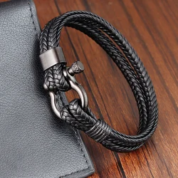 Classic Stainless Steel Clasp Stitching Leather Men's Bracelet Double-Layers Rope Charm Jewelry Accessories Couple Gifts