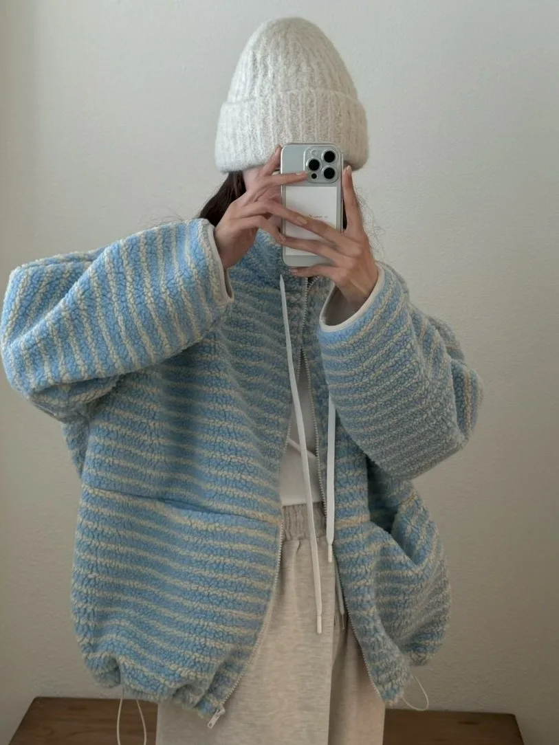 Chic Winter Women's New Arrival Top  Youthful Striped Zipper Design Lazy Style Long Sleeve Jacket Korean Loose Fit
