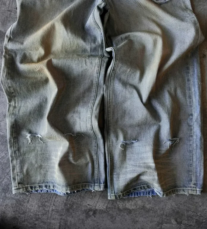 스트리트 힙합 레터 프린트 청바지 남성 y2k 고스 펑크 하라주쿠 찢어진 와이드 레그 팬츠 레트로 루즈 레그 더블 웨이스트 팬츠 w874 ﻿