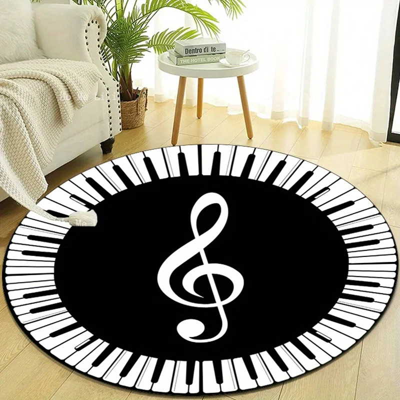 

1pc Crystal velvet round rug with piano notes and treble clef pattern - non-slip home decor rug for bedroom, living room