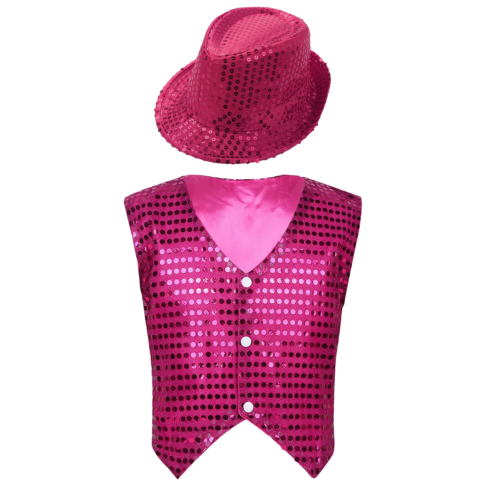 Girls Boys Sequins Moden Jazz Tap Dance Vest Waistcoat with Hat Set Kids Hiphop Clothes Street Dance Suits for Performance