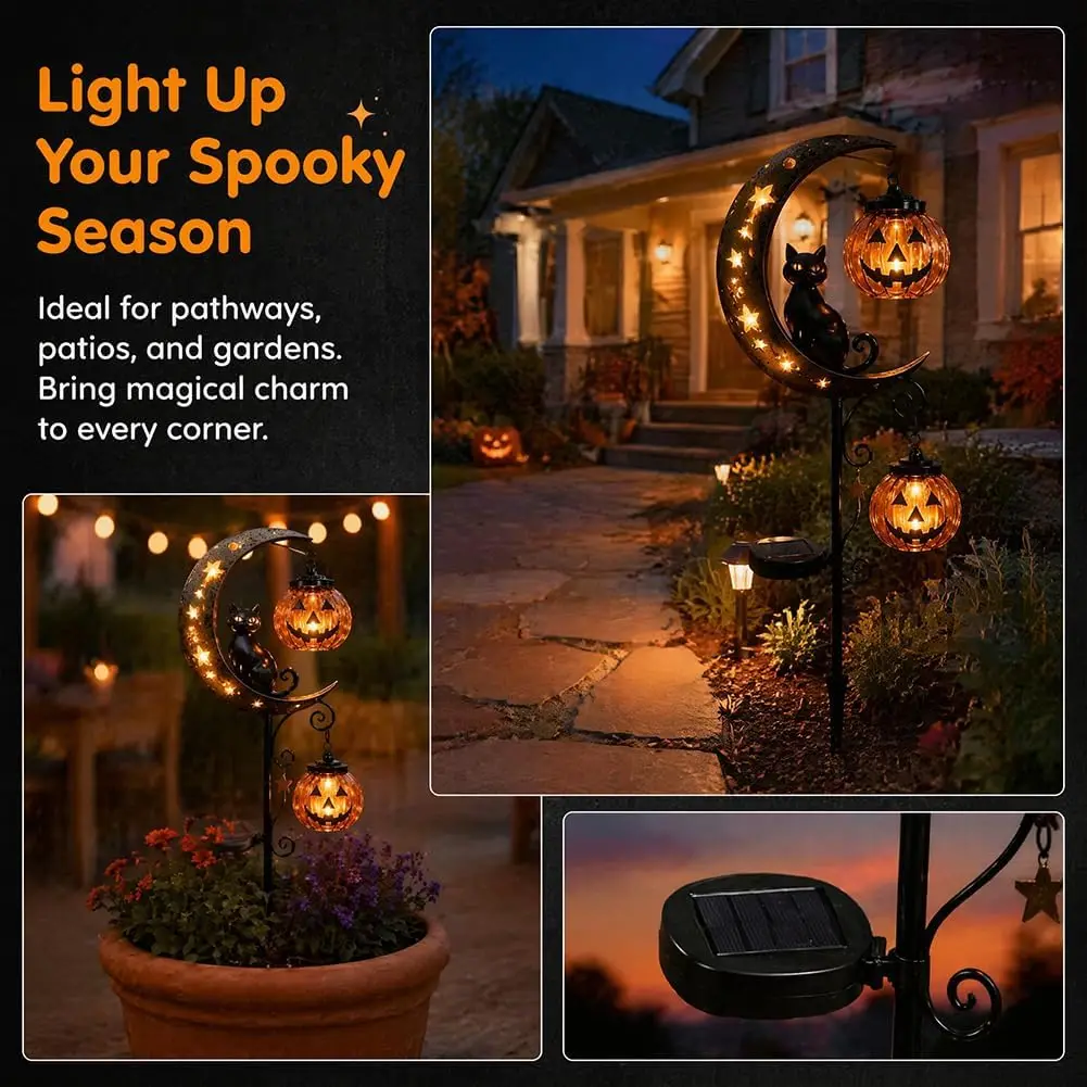 Solar Halloween Pumpkin Black Cat Metal Garden Decorative Stakes Waterproof Lamp Outdoor Decorations for Lawn Yard Ornaments