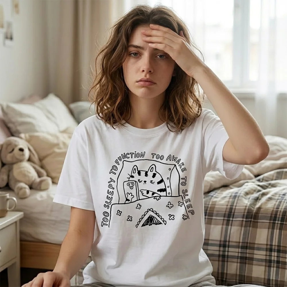 Women Too Sleepy To Function Too Awake To Sleep Cat Phone Print T Shirt Funny Cartoon Graphic Tee Casual Summer Short Sleeve