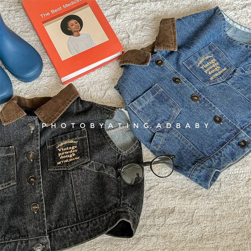 Autumn New Children Denim Vest Boys Fashion Lapel Sleeveless Jacket Toddler Girls Letter Cardigan Coat Kids Clothes