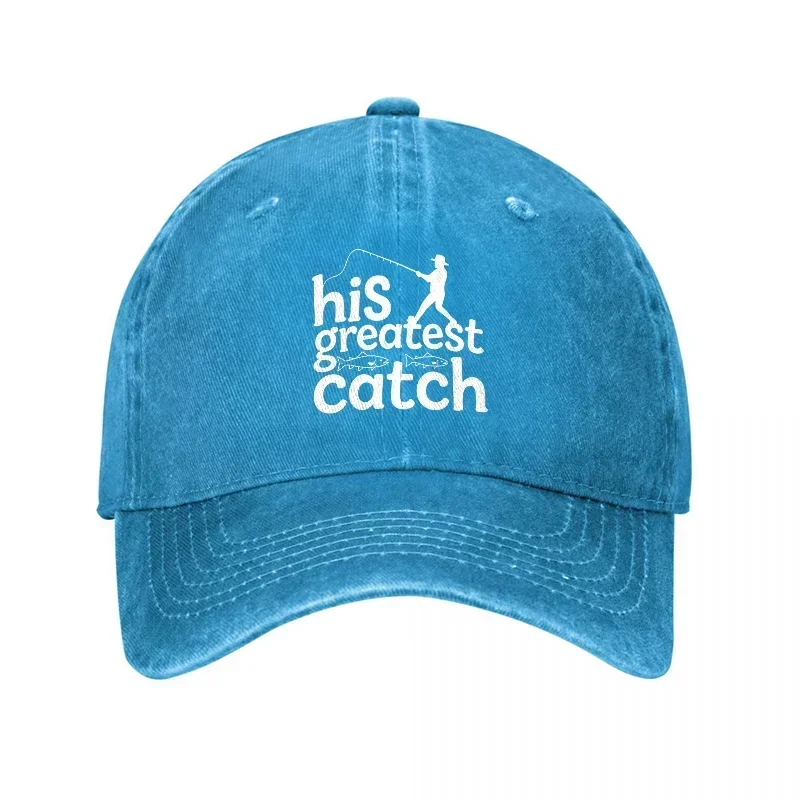 New His Greatest Catch Fishing Logo Washed Canvas Baseball Cap Men's Vintage Style Hat Outdoor Adventure Design