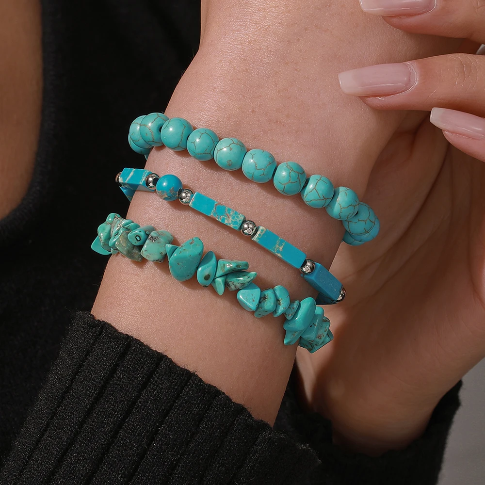 

3Pc/s Hapiship Bohemian Ethnic Style Irregular Turquoise Bead Bracelet Male Niche Retro Bracelet Couples Pandora Charms Gifts