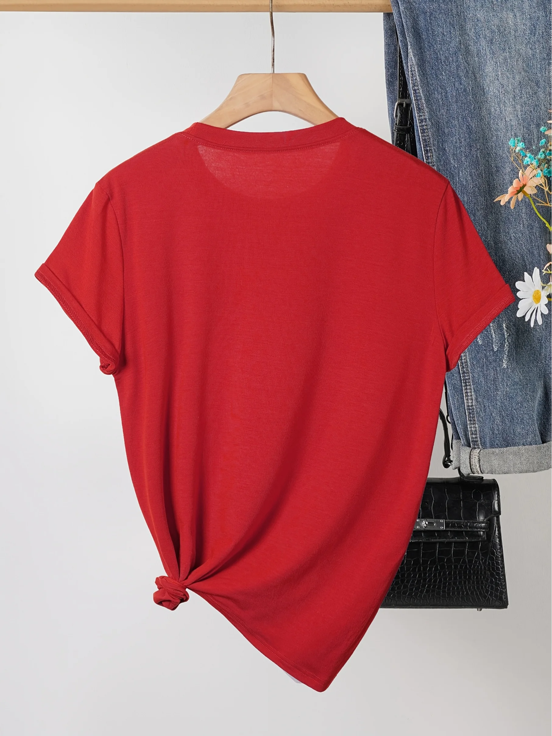 Women's 2026 Family Christmas Red Crew Neck Short Sleeve with Traditional Holiday Symbols (Stars Trees Bells) Aesthetic Clothes