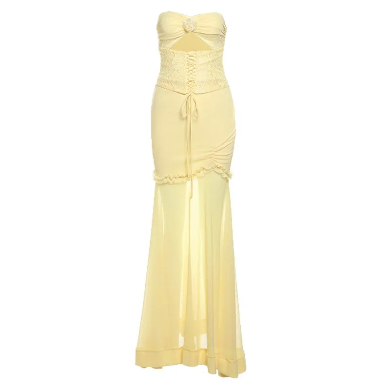 ヨーロッパとアメリカの春の新作レディースハイウエストファッションレターネックストラップレスドレス