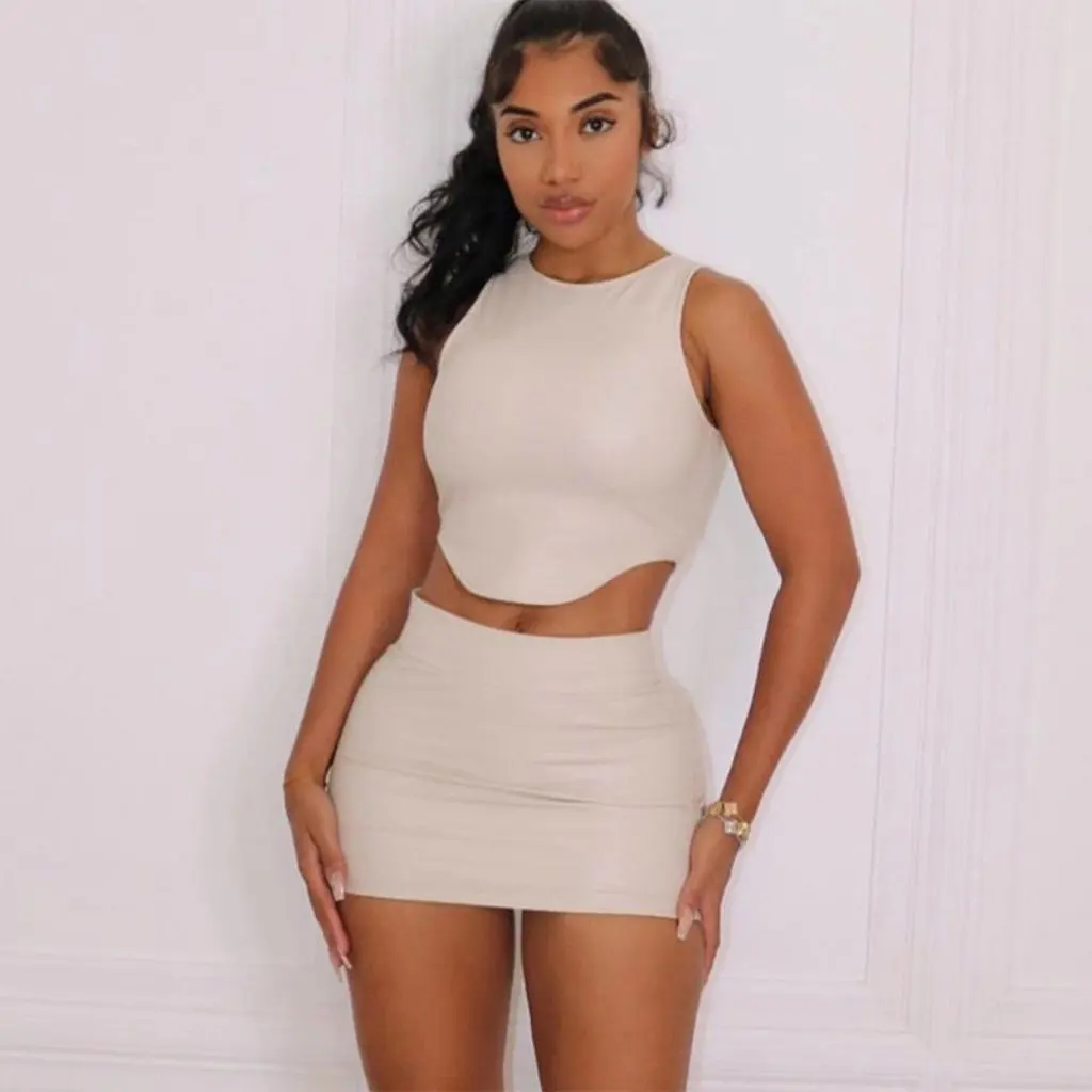 

Women's Autumn Fashion PU Sleeveless Vest And Short Skirt Suit European American Style by