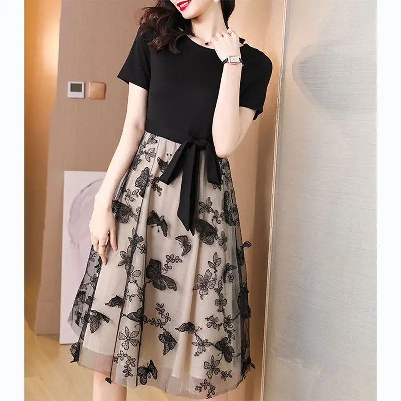 Elegant Socialite Fashion High-end Embroidery Fake Two-piece Mesh Dress Women O-neck Short Sleeved Bow Drawstring A-line Dresses