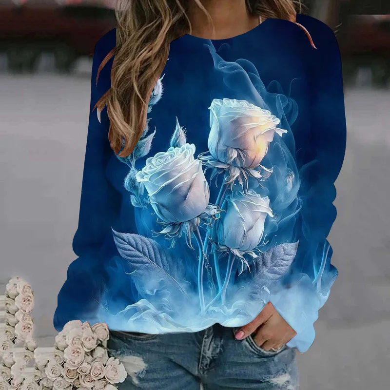 New Rose Flower Sweatshirts Floral 3D Print Autumn Winter Women Hoodies Long Sleeve Y2k Oversized Pullovers Tops Female Clothing