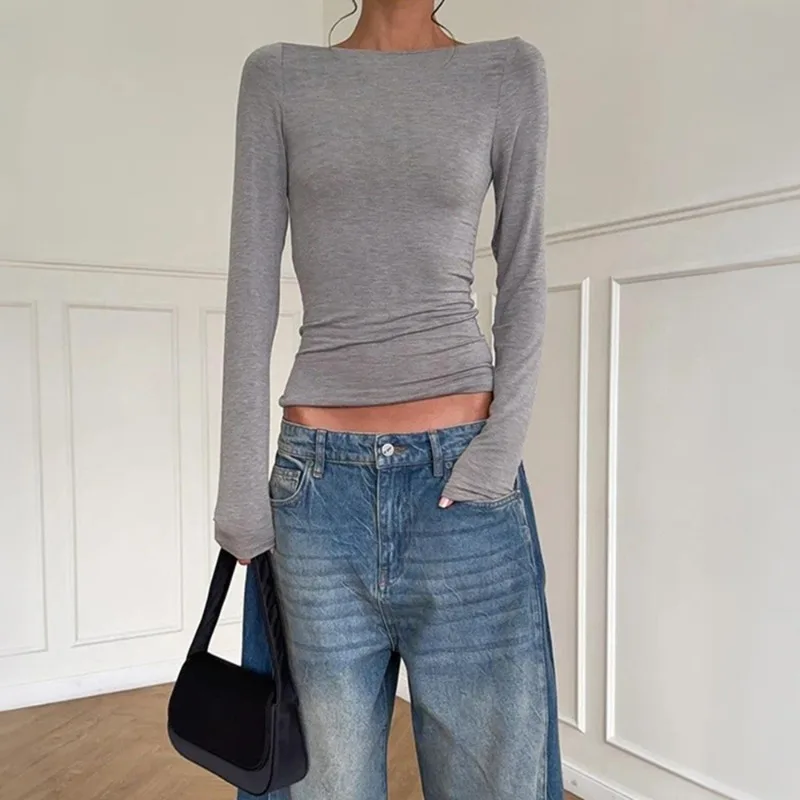 Talenza Sexy Hollow Out Long-Sleeved Top Fashion Slim Solid Backless Pullover High-Street Party Looks Spring Autumn Women's Top