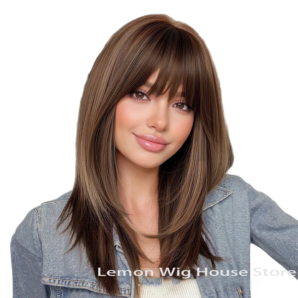 Warm Brown Synthetic Wig with Bangs Medium Long Straight  display picture 1