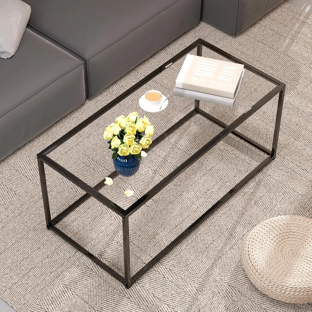 طاولة القهوة الحديثة، طاولة القهوة البسيطة لغرفة المعيشة، سطح زجاجي مقسى بإطار معدني قوي، سهل