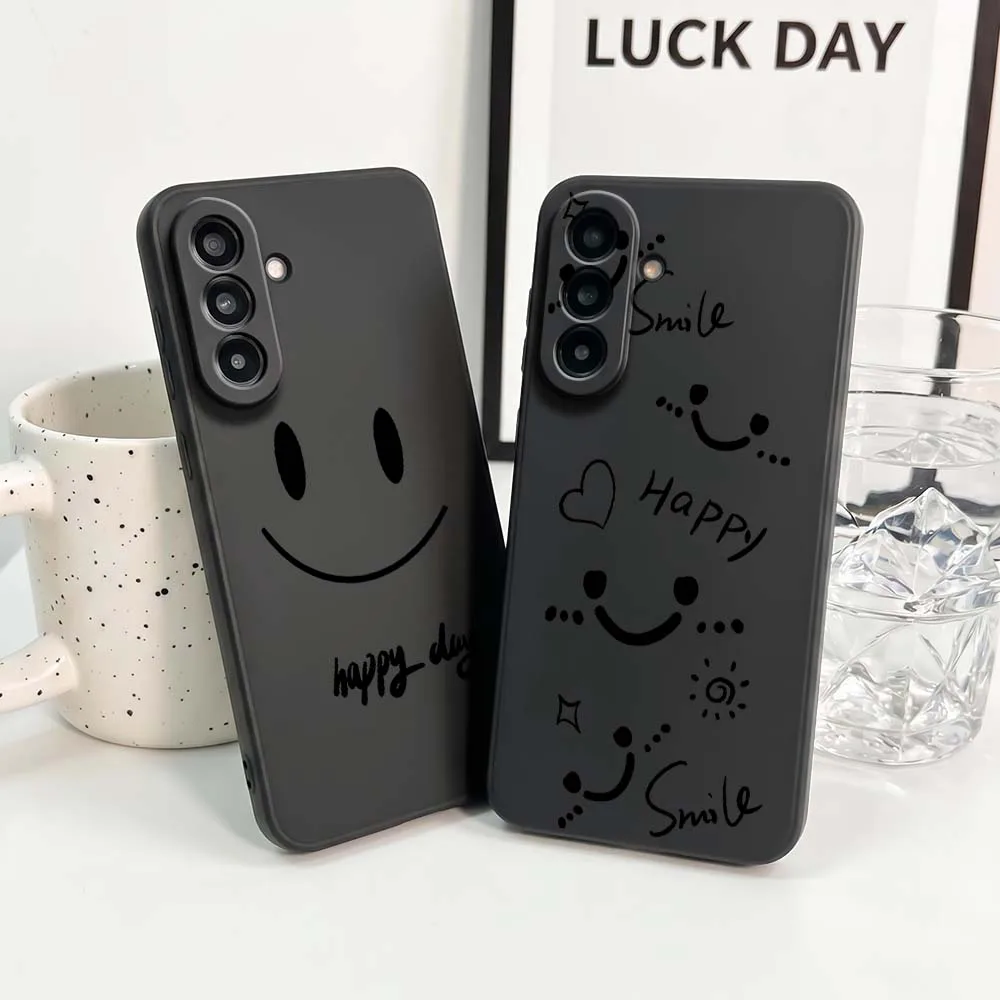Cartoon Happy Face Phone Case For Samsung Note 20 10 A73 A72 A71 A56 A55 A54 A53 A52 A51 A42 A41 A36 A35 A34 Black