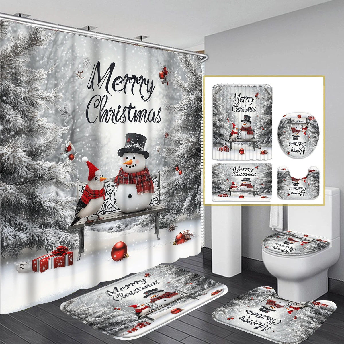 Christmas Snow snowman 1/4PC shower curtain set waterproof shower curtain and waterproof non-slip carpet,12 hooks included