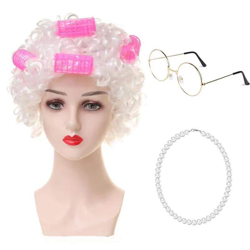 Wig Nenek Cos Halloween Nenek Rambut Keriting Charterer Pertunjukan Panggung Alat Peraga Penutup Wig