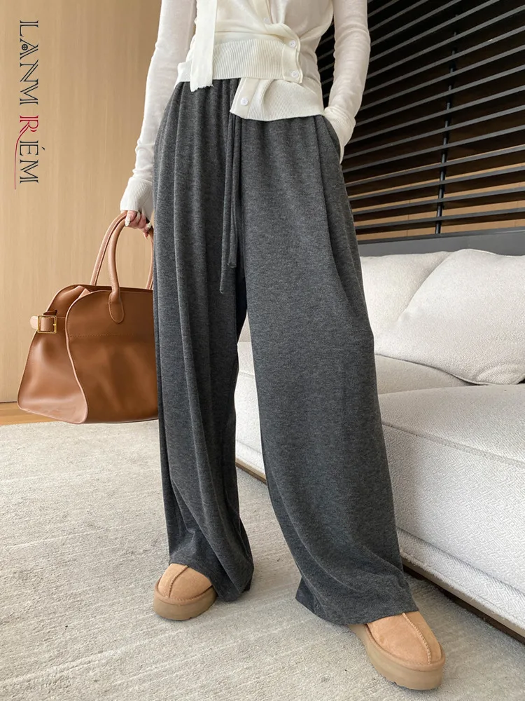 

[LANMREM] Minimalism Drawstring Wide Leg Pants For Women Elastic High Waist Casual Loose Trousers Fashion 2025 Spring New 26C157