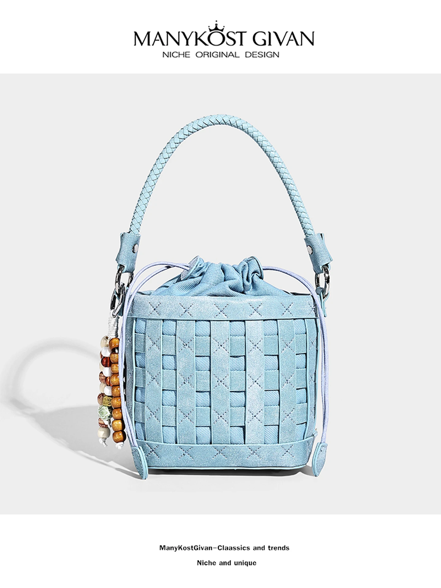 ManyKostGivan Hollow out Woven Drawstring Bucket Bag Women's Crossbody Shoulder Bag Spring Summer 2026 Fashion Accessory