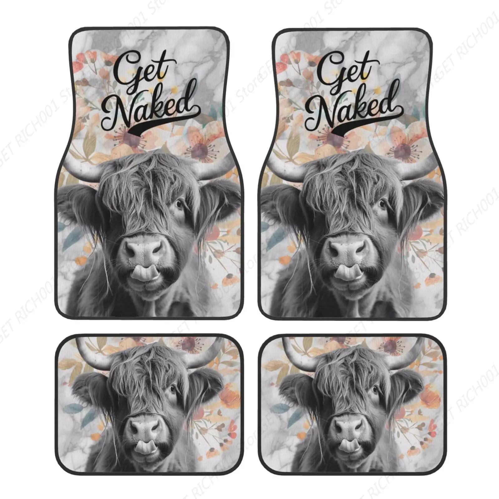 

Funny Highland Cow On Marble Carpet Floor Mats For Cars, Auto Accessories Front Rear Car Floor Mats Sets Of 4 Pieces