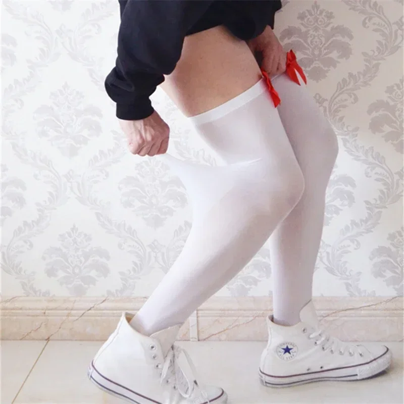 

Men's Stockings High Elastic Velvet Stage Man Long Socks for Men Sexy Coloured Bow Transparent Sheer Stockings Thigh High Socks