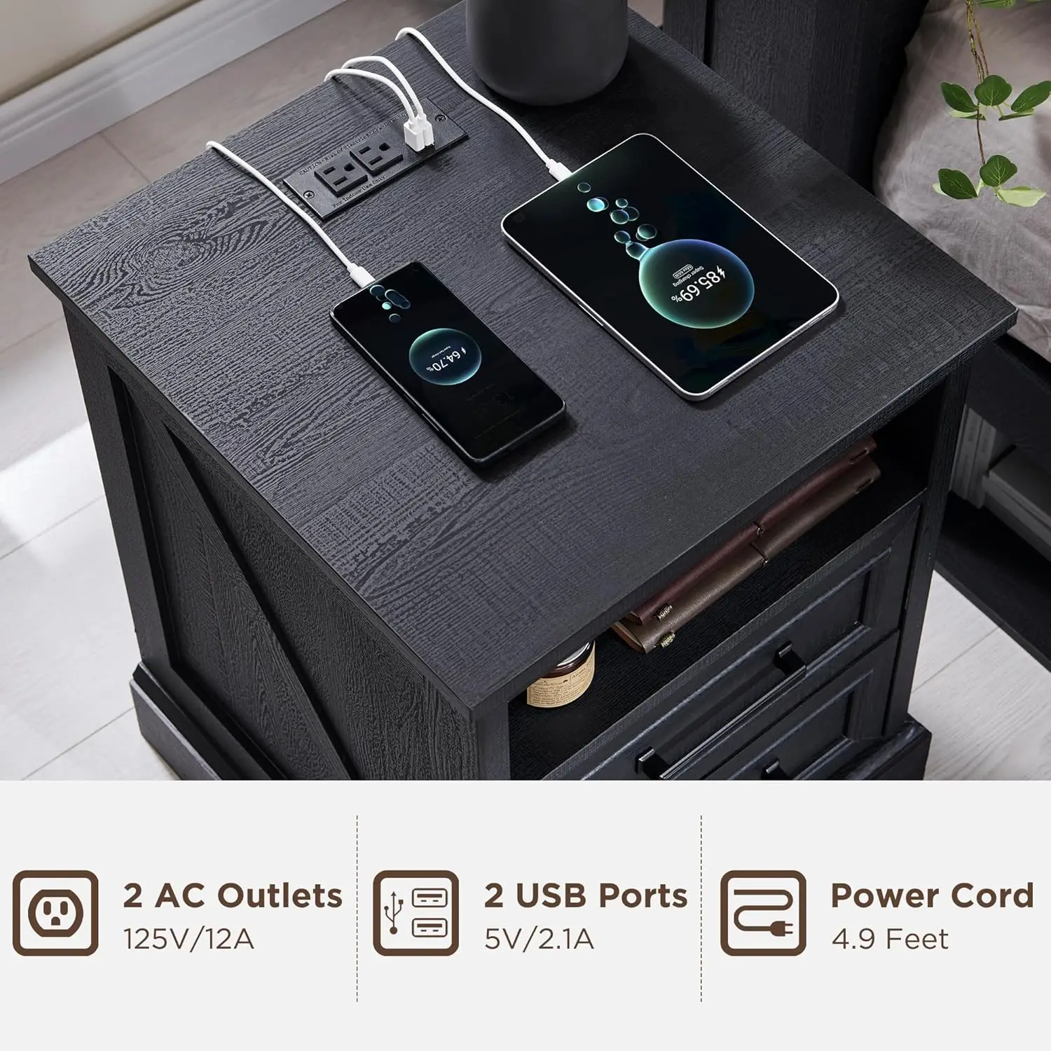 منضدة مزرعة مقاس 18 بوصة مع قاعدة شحن، طاولة نهائية مع درجين للتخزين، طاولة جانبية، خزانة بجانب السرير لغرفة النوم، غرفة المعيشة #3