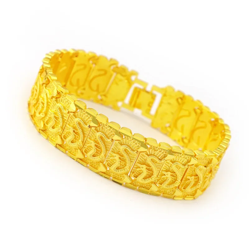 9999 24K Real Gold Dragon Pattern Men's Bracelet | Domineering Wide Watch Chain with Dragon Motif