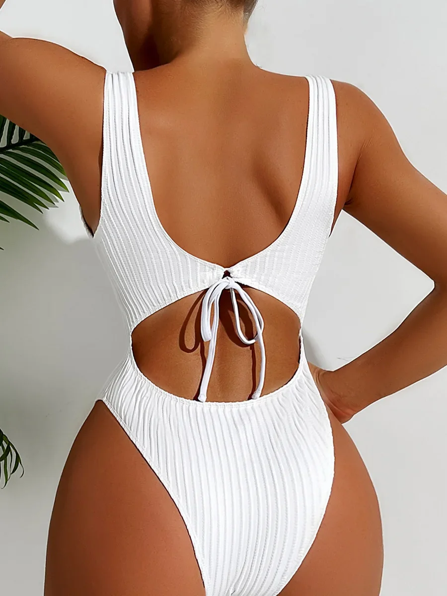 S - XL Slim Ribbed Cut Out Backless Women Swimwear One Piece Swimsuit Female High Leg Cut Bather Bathing Suit Swim Beachwear