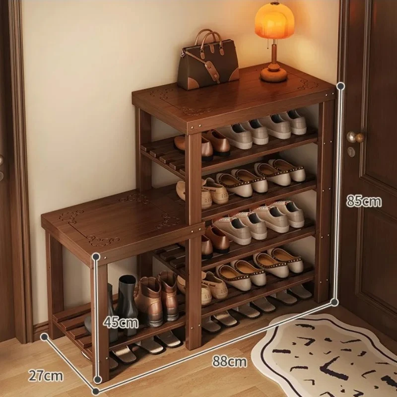 Integrated Shoe Changing Stool and Shoe Cabinet, Multi-Layer Retro Style Shoe Rack, Shoe Wearing Stool with Boot Position