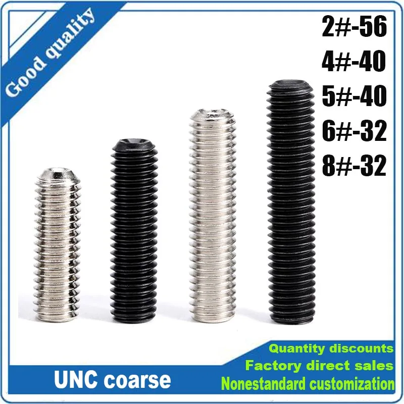 50pcs UNC 2# 4# 5 6# 8# US Coarse 304 Stainless 12.9 Black Steel Hex Hexagon Socket Allen Cup Point Grub Headless Bolt Set Screw